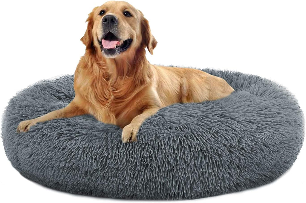 round Plush Bed for Large Medium Dogs and Cats, Calming Dog Bed, Faux Fur Pillow Pet Donut Cuddler Bed