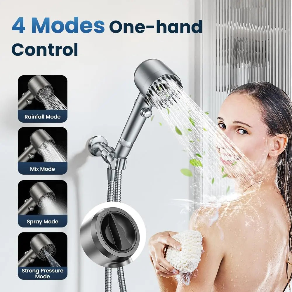 Filtered Shower with Handheld,High Shower 4 Spray Modes,Showerhead with ON/OFF for Pets,Built-In Power Wash to Clean Tub,Shower Heads Combo with Stainless Steel Hose